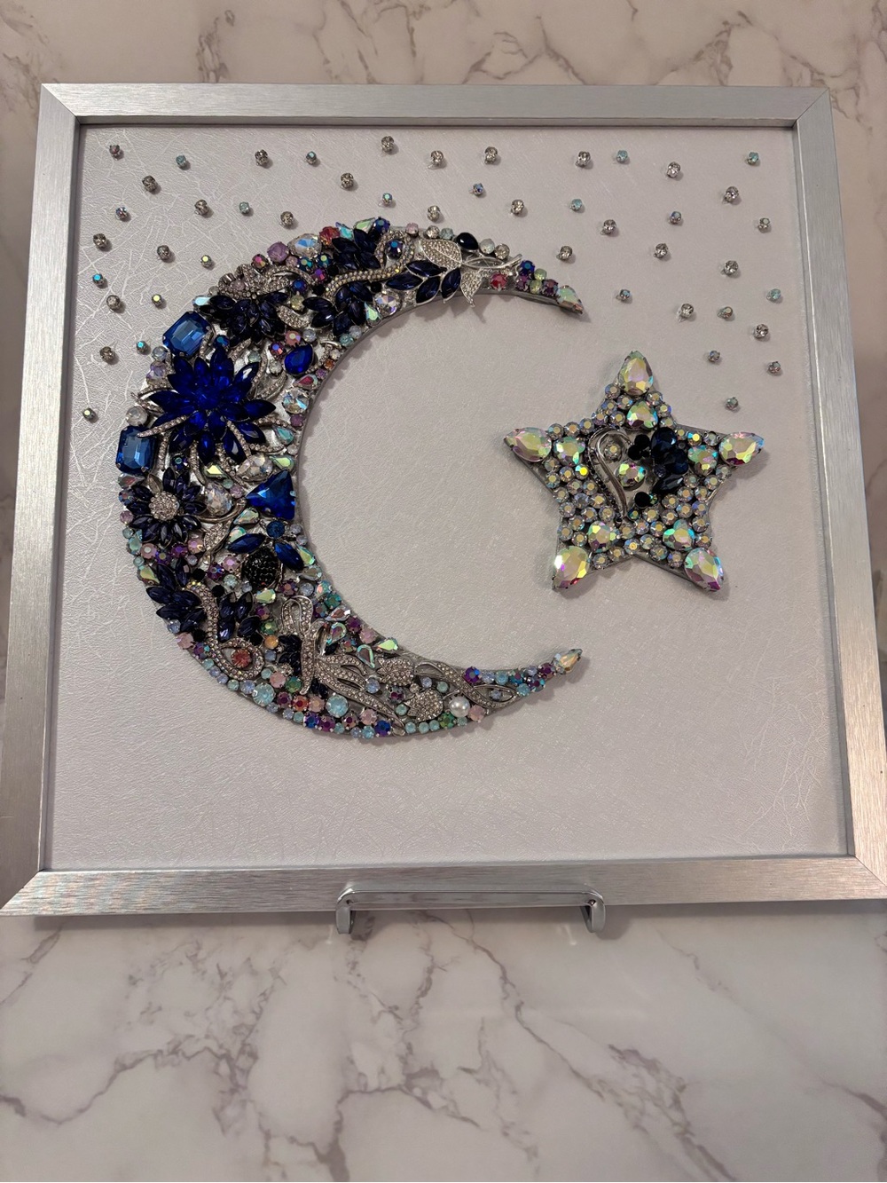 Silver Framed Crescent Moon & Star Jewel Wall Art - Blue & Iridescent